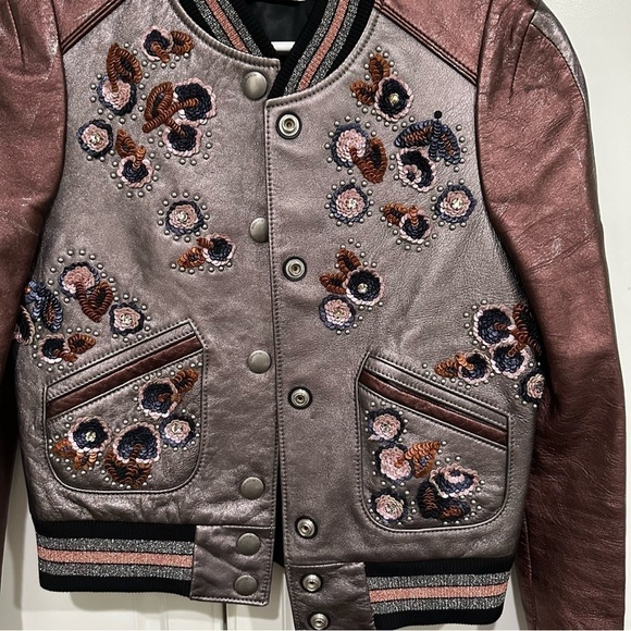 Rare Coach Shrunken Leather Varsity Jacket In Metallic Brown size 2 - Picture 2 of 11